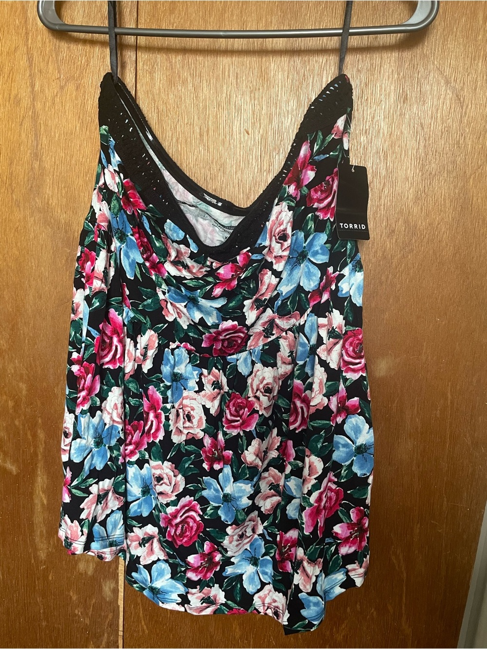 torrid Black Floral Cowl Neck Camisole with Pink and Blue Roses